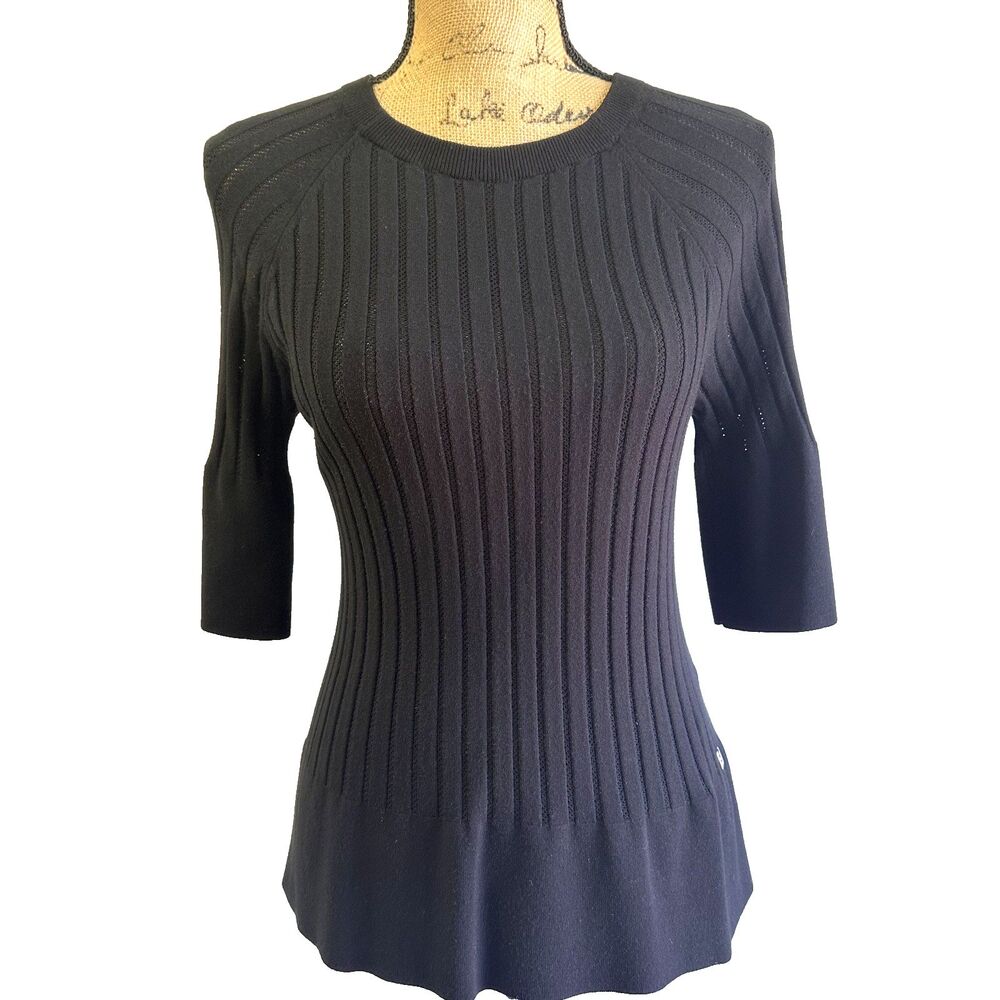 TWINSET Simona Barbieri Black Half Sleeve Ribbed Knit Flared Career Sweater Sz L